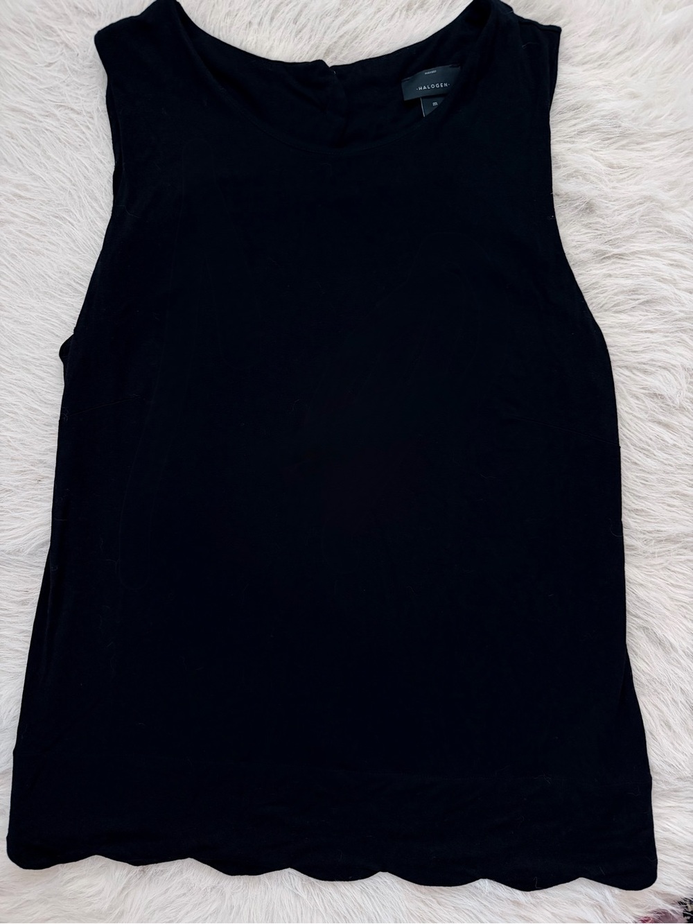 Halogen Black Crewneck Scalloped Button-Back Tank Top Jersey Knit Women’s Size M